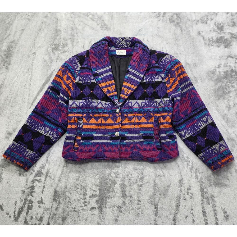 Vintage 90s‎ Artistic Coat Womens 7/8 Multicolor Southwestern Wool Blend Crop
